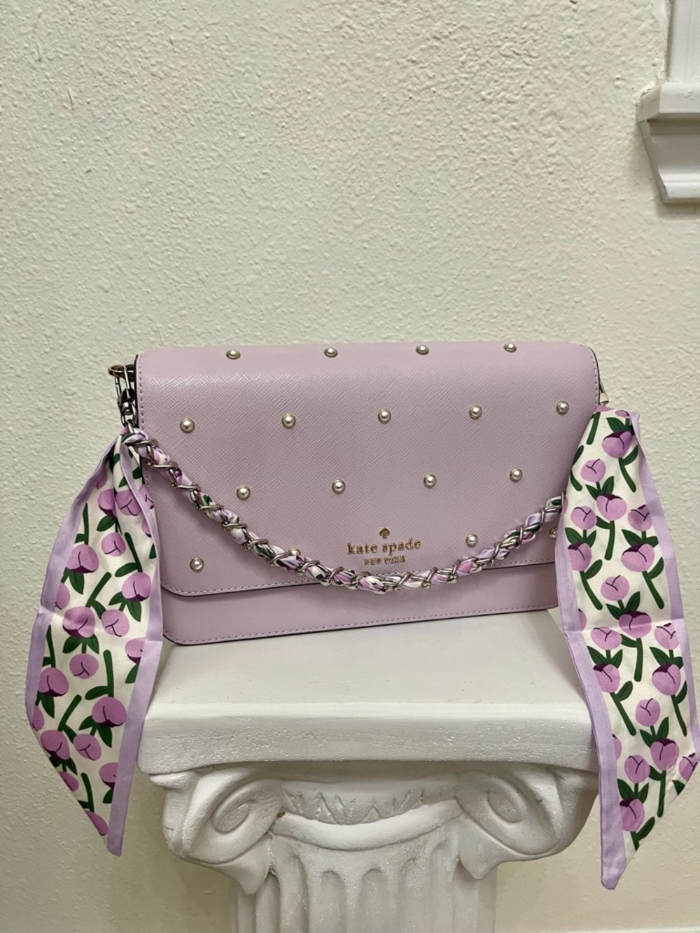 Bag Charm: silver bag chain strap w/Purple multi flower Scarf Strap